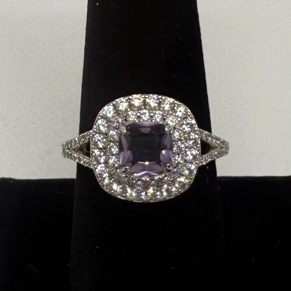 Bomb Party Ring lab created Amethyst Stone rhodium plated band 2747 size 10